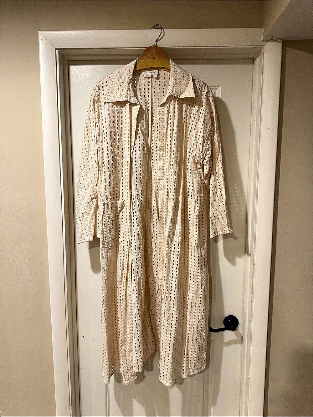 Anthropologie Collared Eyelet Duster Cream